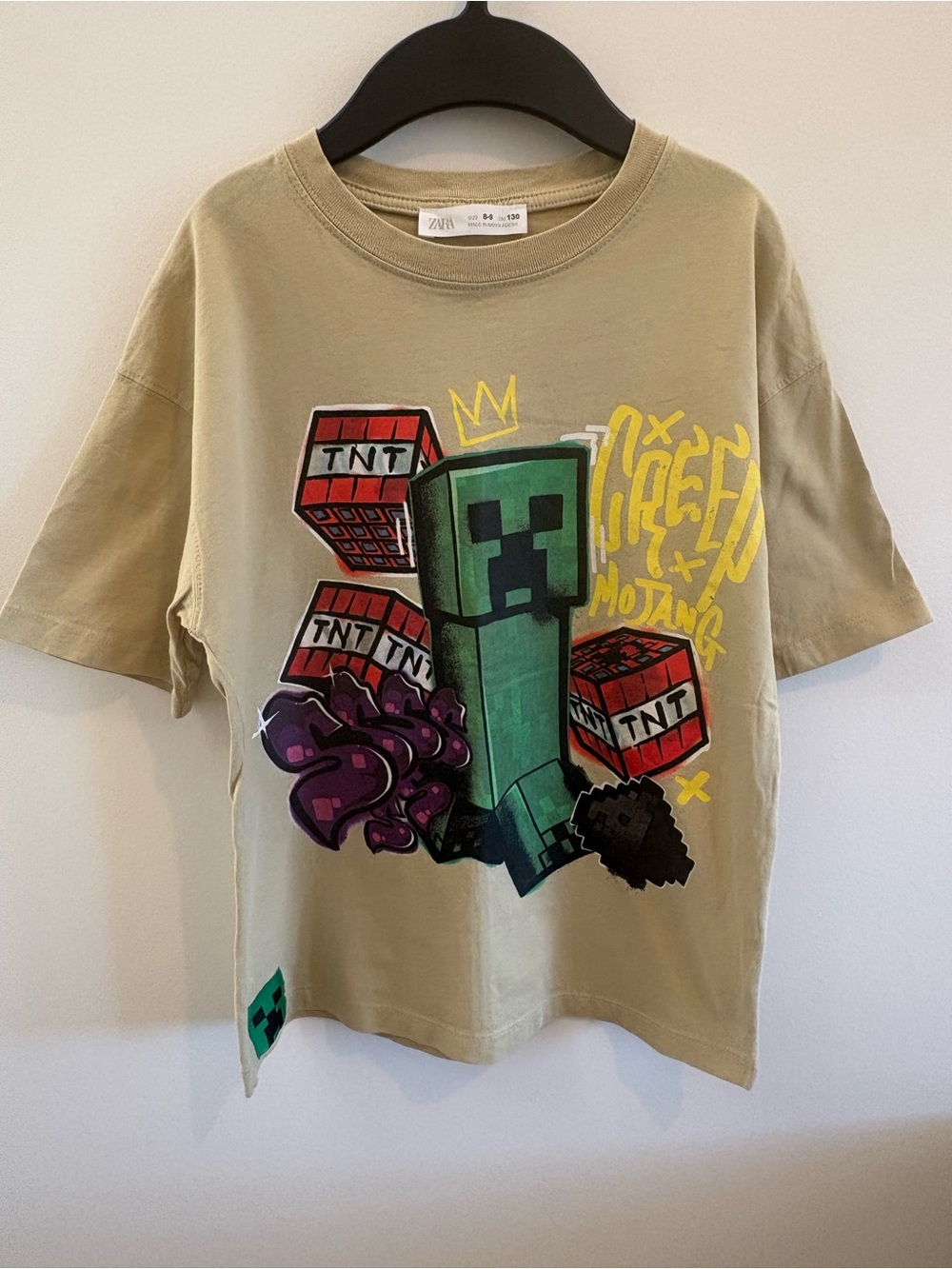 Zara Tan Minecraft Creeper Graphic Tee with Red TNT Accents